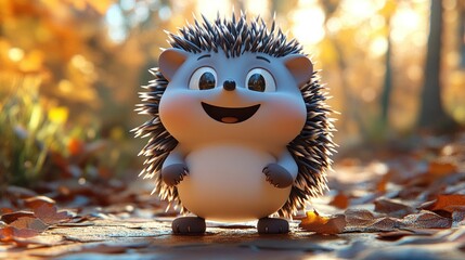 Cheerful hedgehog in autumnal forest
