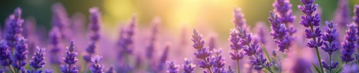 Fototapeta premium A tranquil scene of vibrant purple lavender flowers in full bloom, bathed in soft sunlight The image evokes calmness and serenity, perfect for relaxation-themed projects , floral design, scent, lilac