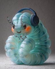 Cute, light teal, segmented creature with headphones.  It has a happy expression, detailed textures, and sits in a relaxed pose