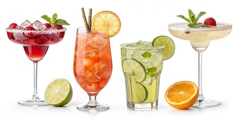 Four refreshing summer cocktails with fruit garnish