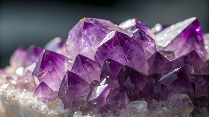 Detailed macro image of vibrant purple amethyst crystals, a form of quartz historically symbolic of celibacy in the Middle Ages, showcasing sharp facets and radiant clarity