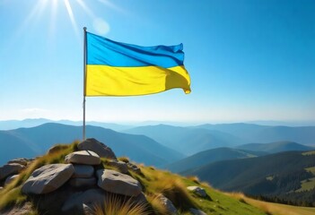 A Ukrainian flag waving atop Mount Hoverla in the Carpathian Mountains during a sunny summer afternoon, clear blue sky, wind shaking the flag vigorously.