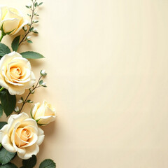 Floral frame in romantic vintage style with cream roses and greenery on a light beige background with copy space
