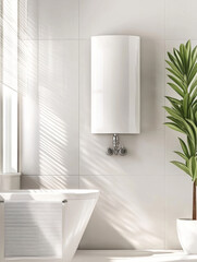 Fototapeta premium Modern water heater mounted on wall in bright bathroom with plant and natural light streaming in