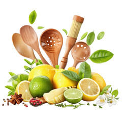 Fresh Citrus Fruits with Wooden Utensils Surrounded by Green Leaves on a Bright Background for Culinary and Healthy Lifestyle Concepts