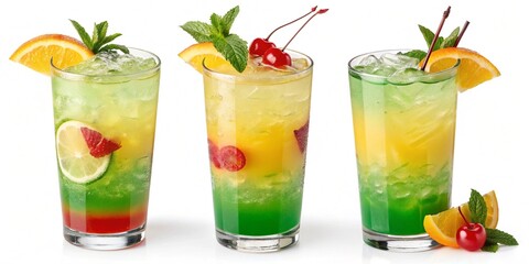 Three layered tropical cocktails with fruit garnish