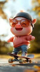 A cheerful pig character riding a skateboard, enjoying the outdoors