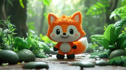 Cute fox figurine in lush forest scene