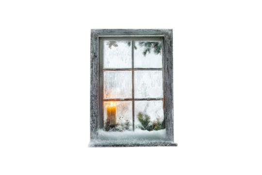 Winter Warmth: A rustic window frames a cozy scene, with a lit candle casting a warm glow amidst the frosty window panes and a blanket of snow outside, evoking a sense of comfort and stillness.
