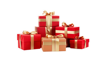 Obraz premium Stack of Festive Gifts: A pile of vibrant red and gold presents, each adorned with a shimmering bow, stacked high in anticipation of holiday cheer and joyful giving.