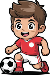 Cartoon soccer player dribbling the ball, ready to score a goal.