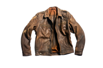 Vintage Leather Jacket: An aged leather jacket, with signs of wear and tear, showcases classic style and a rugged aesthetic. 