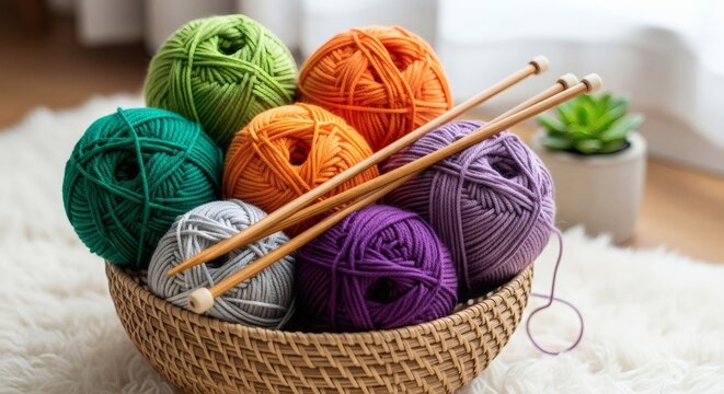 Colorful yarn balls in basket with knitting needles closeup