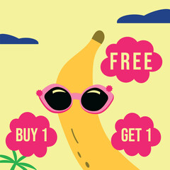 Summer sale poster. Banner Free, Buy 1, Get 2, banana, palm, cloud, glasses. Card for seasonal promotion. Vector illustration