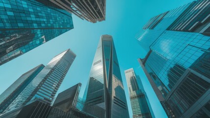 Abstract perspective of modern futuristic city buildings against clear sky