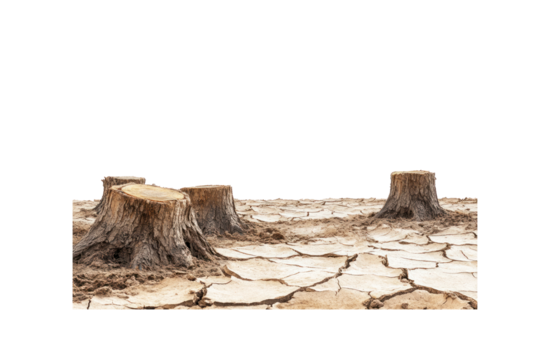 Tree Stump in Dry Land:  A stark image of tree stumps on cracked earth, symbolizing deforestation and environmental concerns.