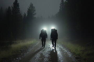 Nighttime hikers explore a trail illuminated by headlamps