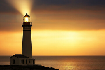 Lighthouse beam cutting through nighttime sky over calm sea