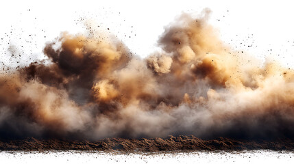 Dramatic dust cloud explosion over ground isolated on white background rendering hazardous environment