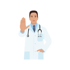 Fototapeta premium A doctor with their right hand raised, as if signaling to stop. Vector illustration.