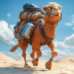 Animated camel, laden with gear, traversing desert landscape
