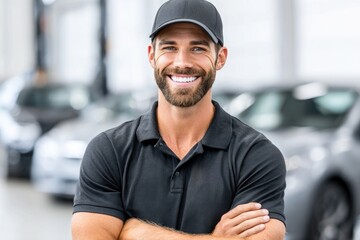 Man in black polo shirt and cap smiling in garage
