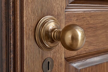 Fototapeta premium high-quality photograph of a close-up of a vintage brass doorknob on a wooden door with soft lighting. Generative AI 