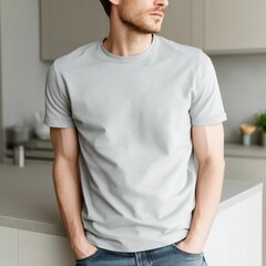 Fashion mockup of male model in light gray t-shirt in modern kitchen, Generative AI