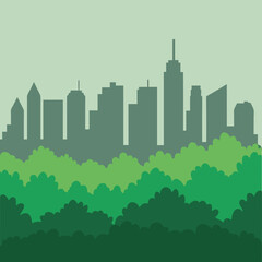 Fototapeta premium Verdant trees meet the city skyline in a tranquil, greentoned urban landscape silhouette vector