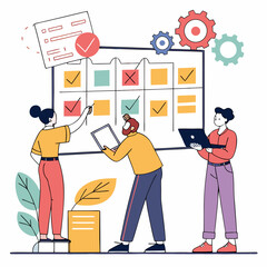 Team strategizing with checklist and gears isolated on white background, silhouette vector
