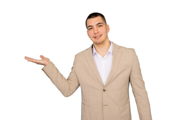 Professional businessman gesturing with open palm, wearing tailored suit, smiling confidently against transparent background