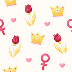 Seamless pattern with crown and tulip on beige background. March 8 Women's Day. Vector illustration.