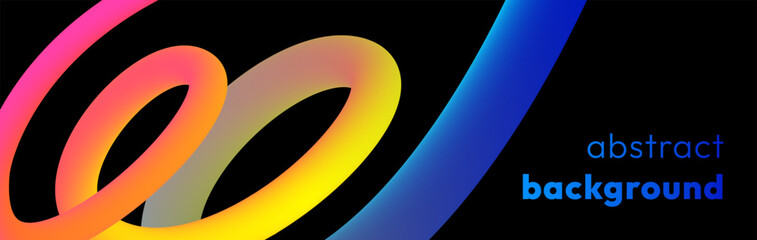 Vibrant abstract background with colorful gradient lines, smooth tubular shapes and black backdrop. Fluid vivid wavy rainbow ribbon in the form of loops or spirals. Trendy dynamic futuristic banner