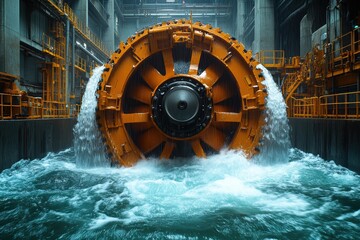 Close-up view of a turbine spinning in a water environment, showcasing power generation process