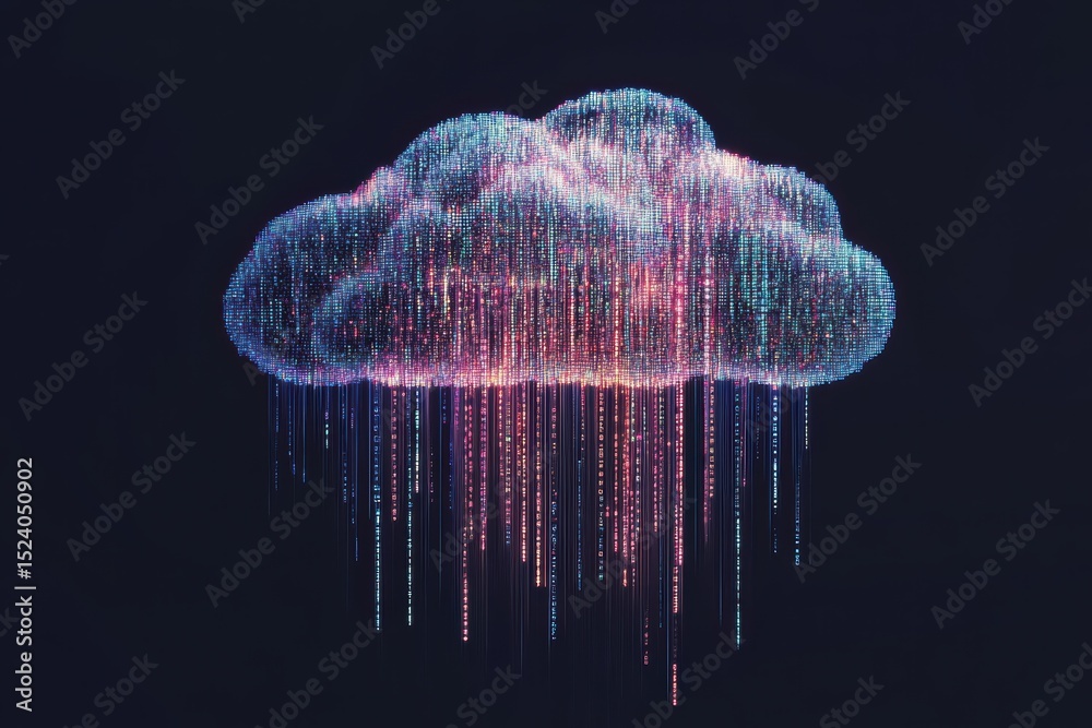 Poster digital cloud formed from binary data streams illustrating modern technology concepts