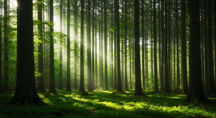 Sunlit Forest: Mystical Green Canopy, Serene Sunlight Rays
