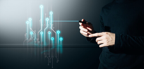 hand of businessman interactive touching a holographic of transaction financial network data...