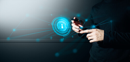 hand of businessman interactive touching a holographic of transaction financial network data...