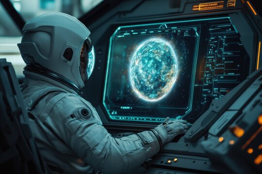 Astronaut examines detailed holographic map of the universe in advanced spacecraft - Powered by Adobe