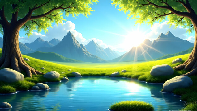 A serene landscape with mountains and a tranquil pond