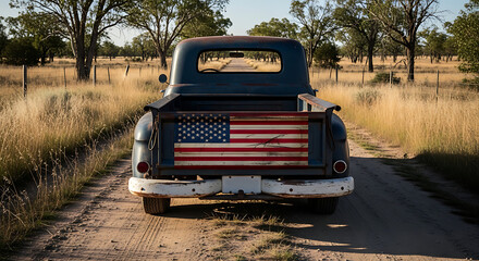 An old pickup truck with the flag of USA on its back on a countryside road.