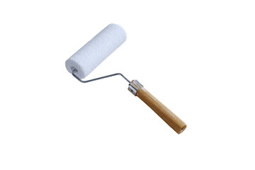 A new paint roller with a fluffy white head and wooden handle ready for use in home improvement projects