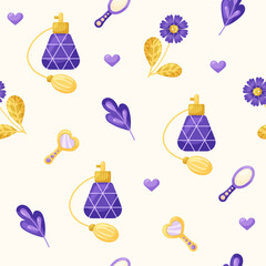 Seamless pattern with perfume and mirror on beige background. March 8 Women's Day. Vector illustration.