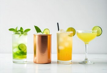 Fototapeta premium Four different cocktails are displayed against a plain white background. Each drink is presented in a distinct glass or copper mug, topped with ice, mint, and a lime wedge.