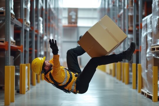 Worker in warehouse falls after being struck by a falling box during accident
