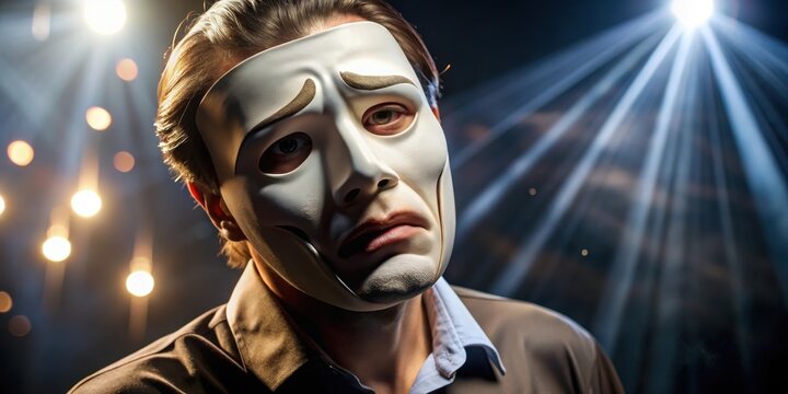 Actor wearing a theater mask with tears streaming down his face, conveying sadness and heartbreak on stage