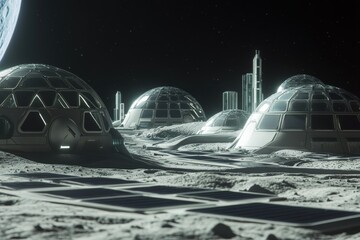 Futuristic lunar city with domes and solar panels under a starry sky