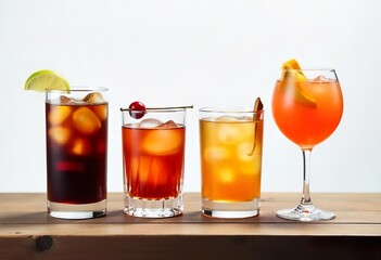 Four different cocktails are displayed against a plain white background.  Each drink is presented in a distinct glass or copper mug, topped with ice, mint, and a lime wedge.