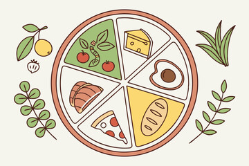 Balanced plate with vegetables, protein, and grains isolated on white background silhouette vector