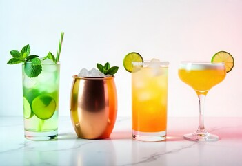 Fototapeta premium Four different cocktails are displayed against a plain white background. Each drink is presented in a distinct glass or copper mug, topped with ice, mint, and a lime wedge.